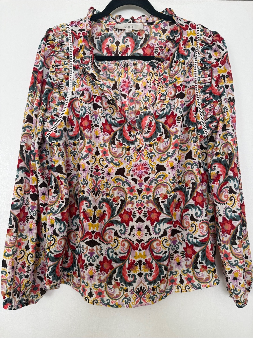 LOFT Multicolor Floral Ruffle-Trim Long Sleeve Blouse